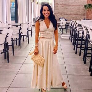 Abercrombie and Fitch Crinkle Textured Plunge Top and Maxi Skirt Cream M/L